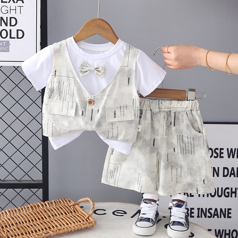 Boys' Outfit 2026 New Short-Sleeve Children's Clothing Baby Summer Bow Tie Vest Fake Three-Piece Trendy Set