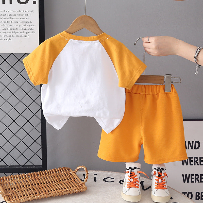 Boys' Round Neck Short Sleeve 2026 New Children's Summer Outfit Baby Cartoon Sun Color Block Two-Piece Trendy Set