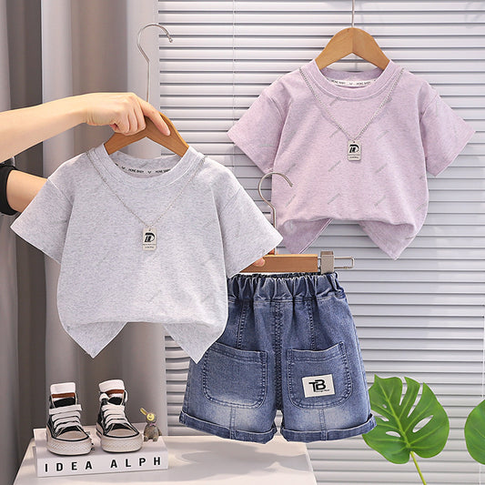 Boys' Summer Short-Sleeve Set with English Print 2026 New Stylish Baby Clothes Trendy Casual Two-Piece Outfit for Little Boys