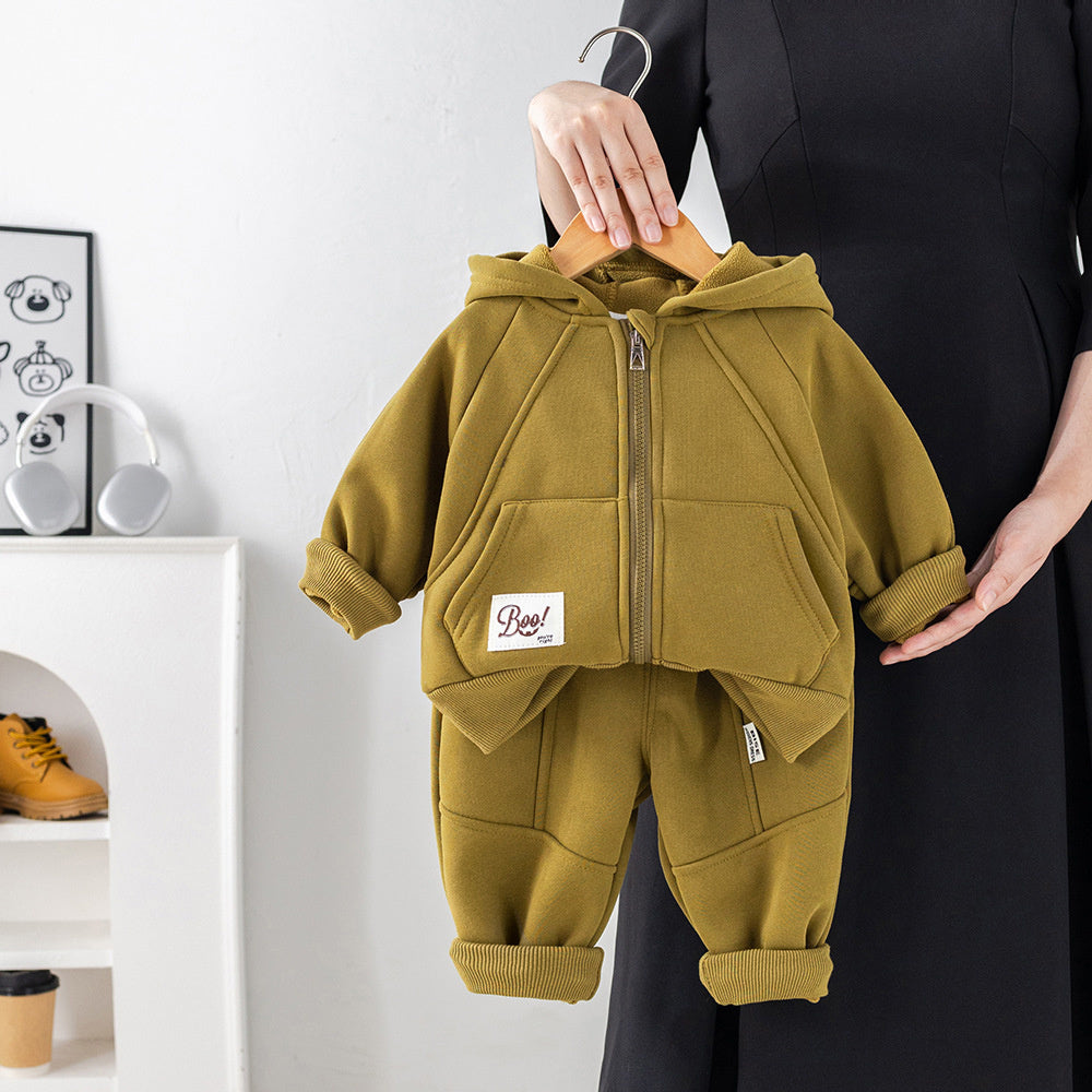 Fleece-Lined Suit 2025 Stylish New Children's Boys' Autumn Winter Solid Color Zipper Two-Piece Set Trendy