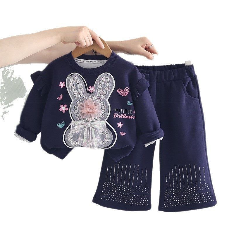 Baby girl casual rabbit sweatshirt two-piece set, children's fashionable outfit, girls' sporty spring and autumn long-sleeve clothing trendy