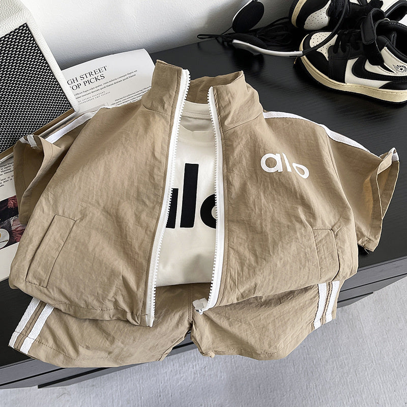2026 Summer New Arrival Boys' Letter Print Stand Collar Zipper Shirt Baby Casual Workwear Three-Piece Set Children's Short Sleeve Outfit
