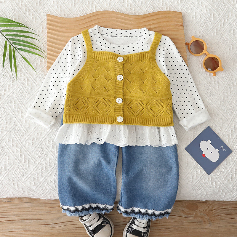 Baby Girl Outfit 2026 New Casual Stylish Children's Girls' Spring and Autumn Three-Piece Set with Camisole Sweater