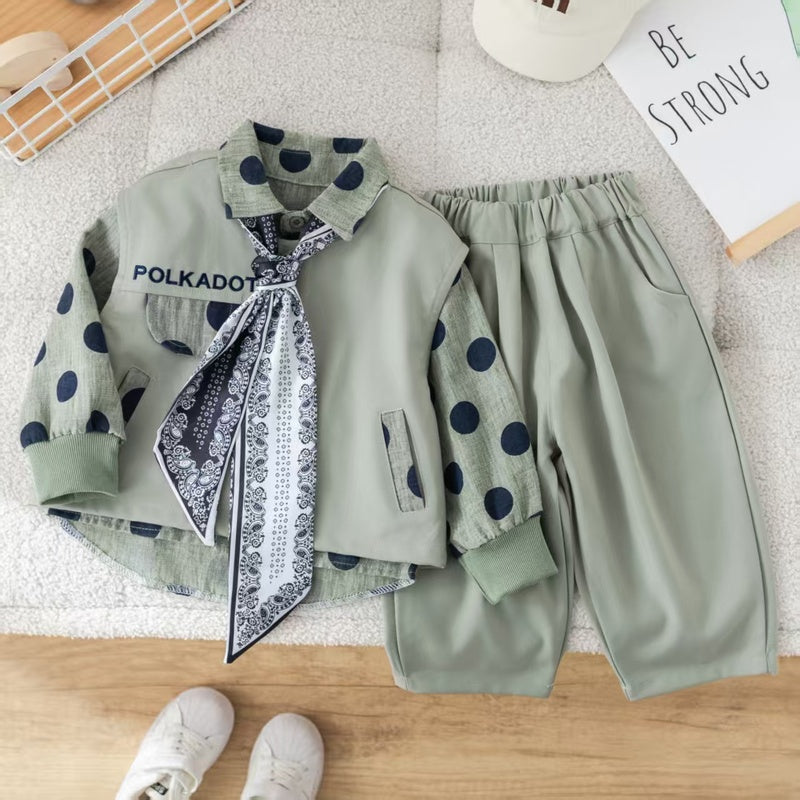 Boys' outfit set, stylish baby boy spring and autumn fashion trendy infant toddler clothing polka dot round-neck suit three-piece set