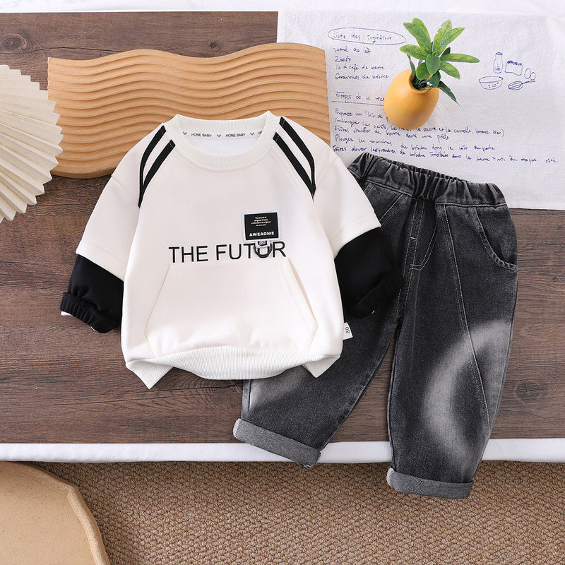 Boys' Round Neck Pocket Sweatshirt 2026 New Spring and Autumn Style Children's Casual Sports Two-Piece Set