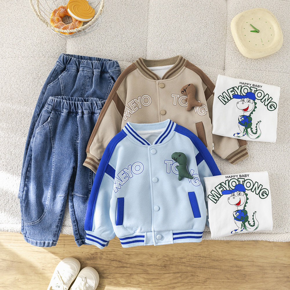 2025 Spring New Baseball Jacket Boys' Cartoon Korean Style Set Denim Huzhou Zhili Children's Clothing