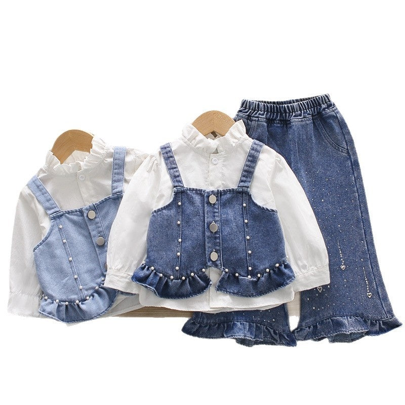 Girls' Spring and Autumn Outfit 2026 New Fashionable Casual Denim Beaded Strap Three-Piece Set for Kids