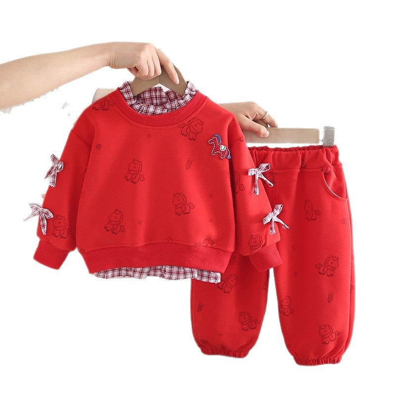 Girls' and Autumn 2026 New Stylish Children's Clothing Full Print Pony Sweatshirt Spring Outfit Baby Girl Long Sleeve Two-Piece Set