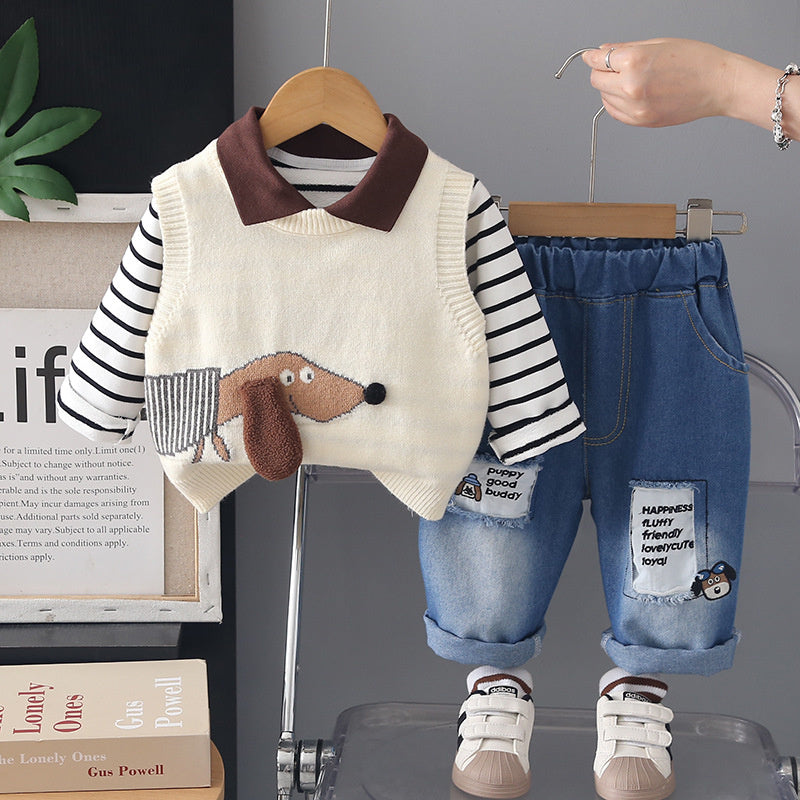 Boys' Suit for 2026 New Model Children's Cute Puppy Sweater Outfit Baby Clothes Spring and Autumn Three-Piece Set