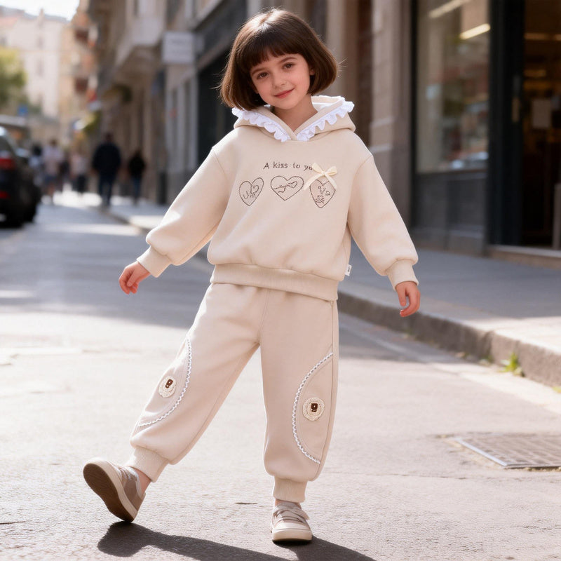 Girls' Outfit 2026 New Fashionable Heart Pattern Hooded Long Sleeve Two-Piece Set Children's Spring and Autumn Clothing