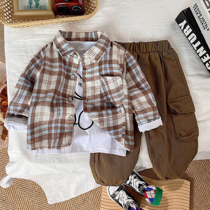Boys' Suit 2026 New Spring and Style Children's Stylish Plaid Shirt Baby Autumn Casual Three-Piece Set Wholesale