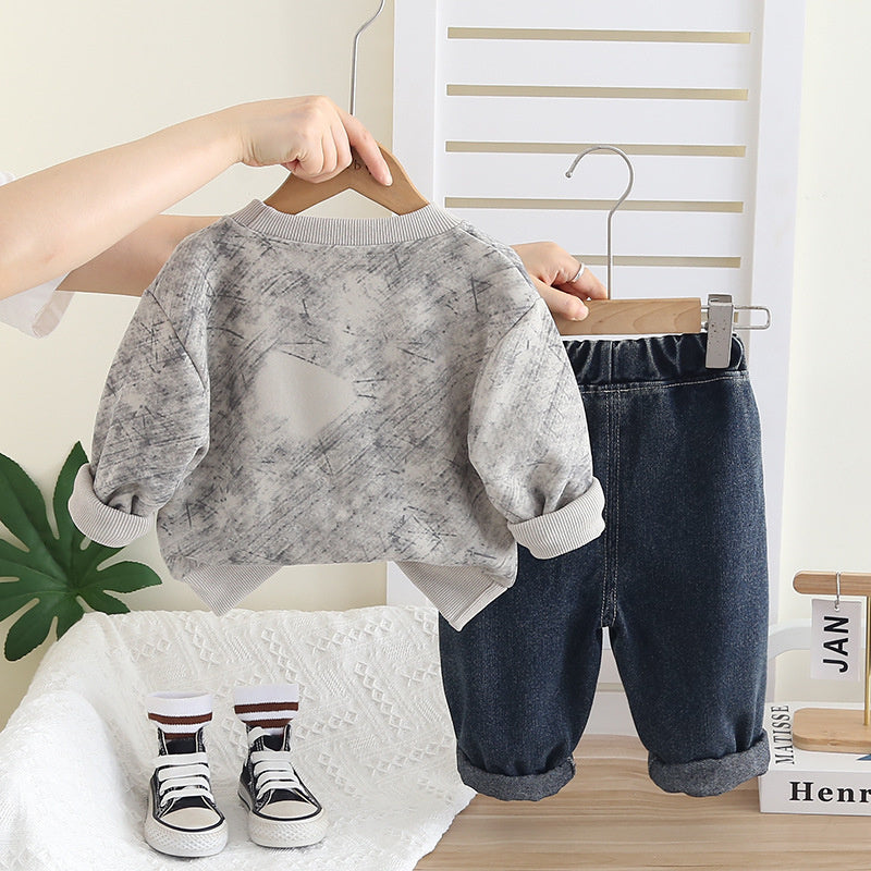 Spring New Children's Clothing Korean Style Boys' Sweatshirt and Jeans Two-Piece Set Toddler Autumn Outfit