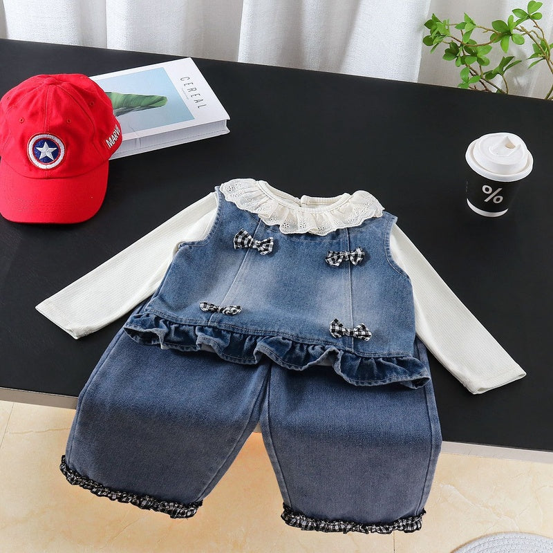 Women's Spring Outfit 2026 New Fashionable Children's Clothing for Girls Baby Doll Collar Plaid Bow Tie Three-Piece Trendy Set