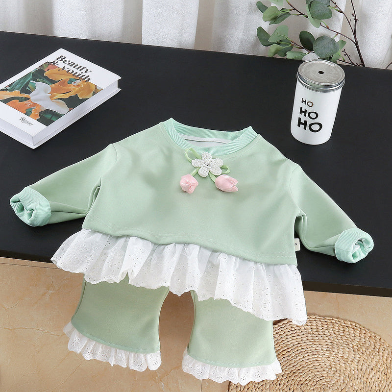 Girls' stylish hem lace sweatshirt spring and autumn set 2026 new children's fashion baby floral two-piece trendy outfit