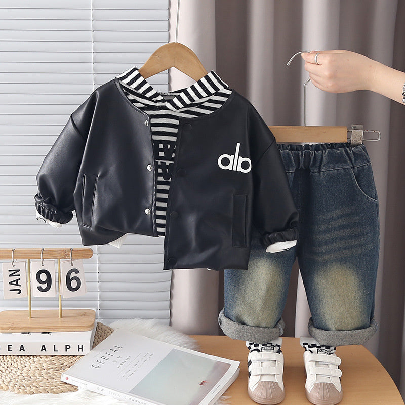Children's Autumn Leather Jacket Three-Piece Set 2026 Spring New Style Boys and Girls Baby Hooded Sweatshirt Trendy Cool Outfit