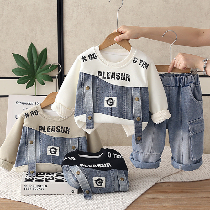 Boys' Autumn Outfit Set 2026 New Fashionable Children's Long-Sleeve Denim Patchwork Sweatshirt Two-Piece Spring/Autumn Clothing Trendy