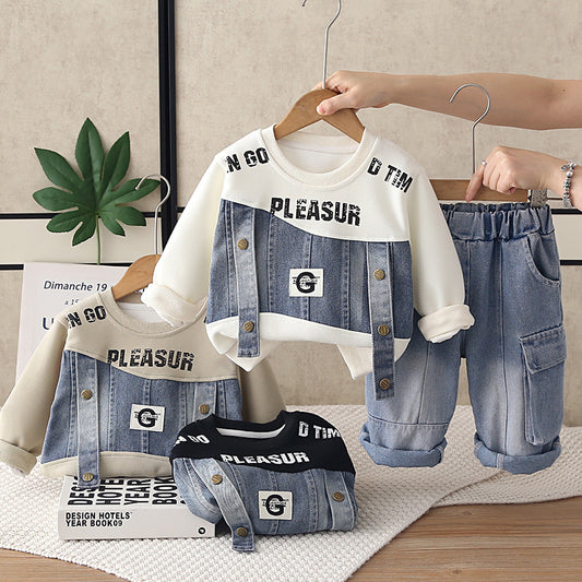 Boys' Autumn Outfit Set 2026 New Fashionable Children's Long-Sleeve Denim Patchwork Sweatshirt Two-Piece Spring/Autumn Clothing Trendy