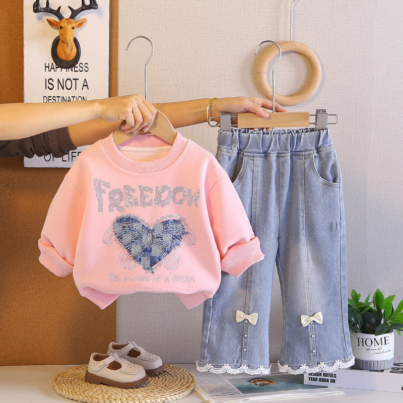 Girls' Heart-Shaped Bow Sweatshirt Set, 2026 New Fashionable Baby Girl Spring Outfit, Casual Two-Piece Set