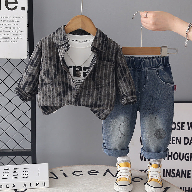 Boys' Outfit 2026 New Stylish Children's Clothing Three-Piece Set Baby Spring and Autumn Striped Shirt Jacket