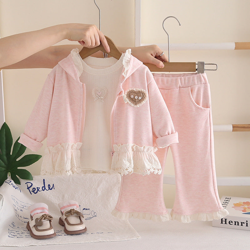Girls' Outfit 2026 New Fashionable Baby Lace Collar Hooded Jacket Children's Clothing Spring and Autumn Three-Piece Set