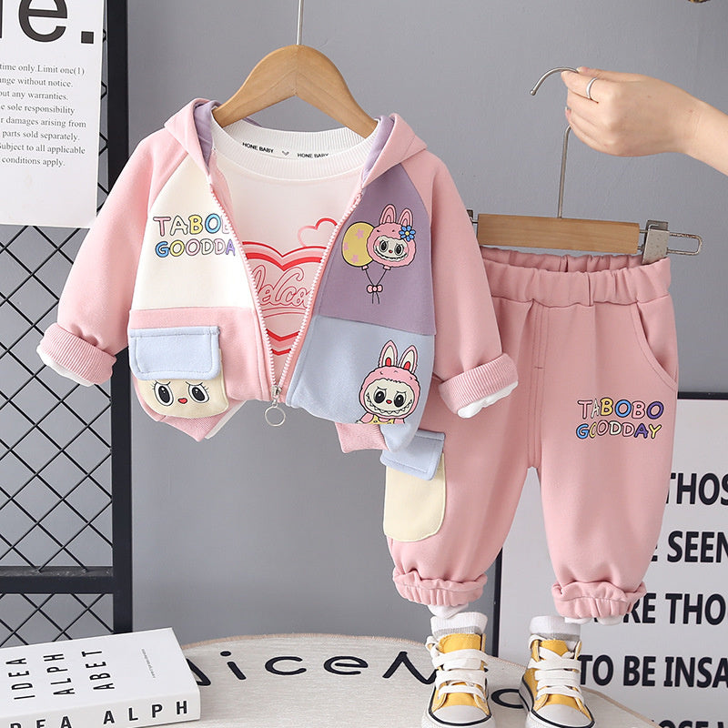 Girls' Outfit 2026 New Fashionable Baby Cute Children's Spring and Autumn Hooded Three-Piece Set
