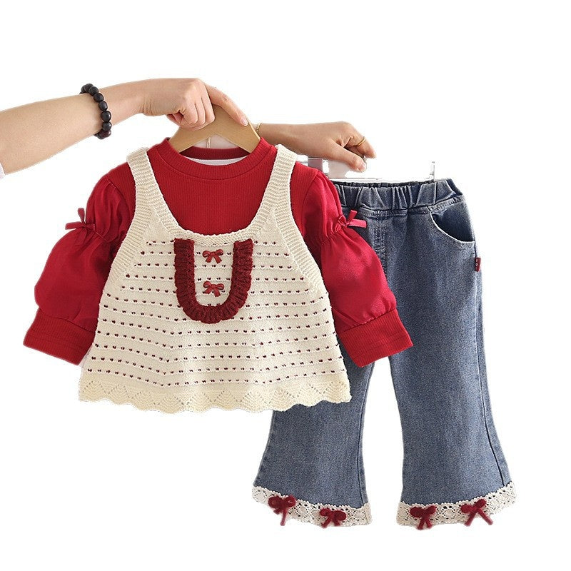 Baby Girl's and Autumn Fashionable 2-piece Outfit, Korean Style Infant Clothing for 1-year-old Girls, Spring Bowknot Three-piece Set