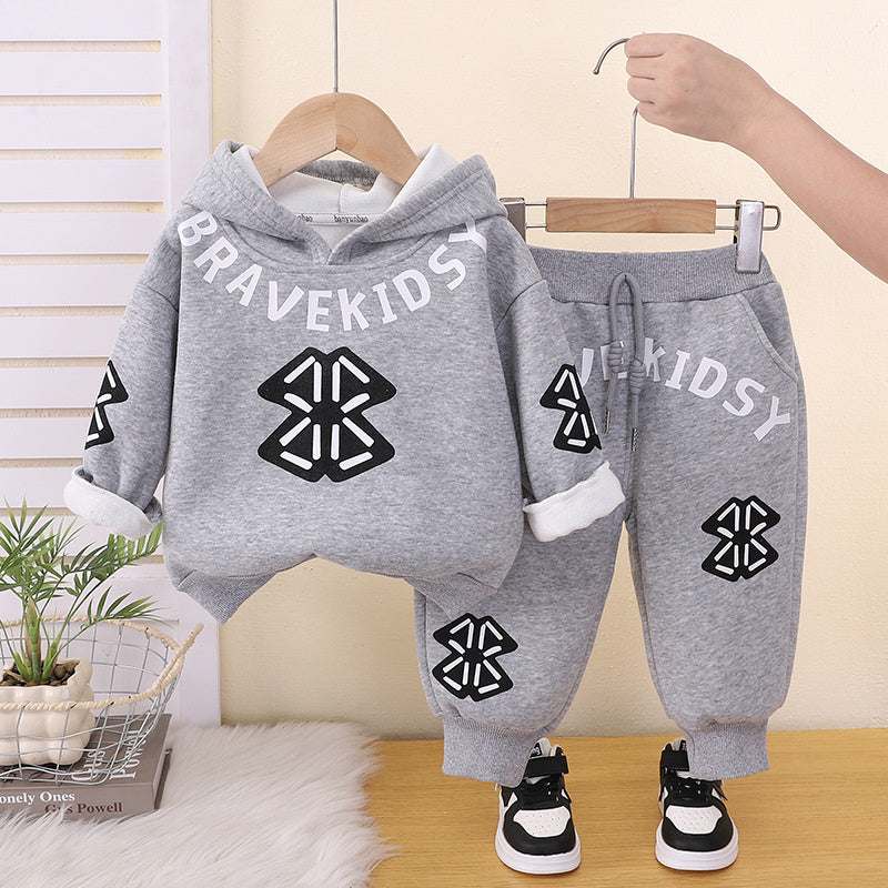 Boys' Suit 2026 New Fleece-Lined Stylish Clothes for Children and Infants, Trendy Letter-Printed Sweatshirt Two-Piece Set