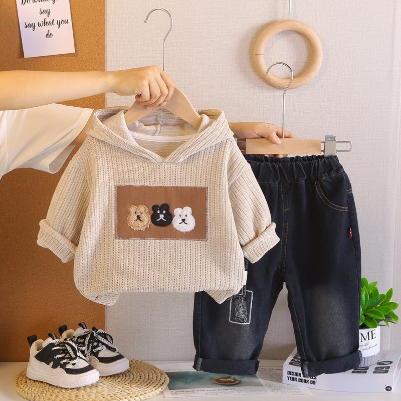 Children's Clothing Boys Spring and 2025 New Fashionable Baby Autumn Cartoon Three Bears Hooded Set