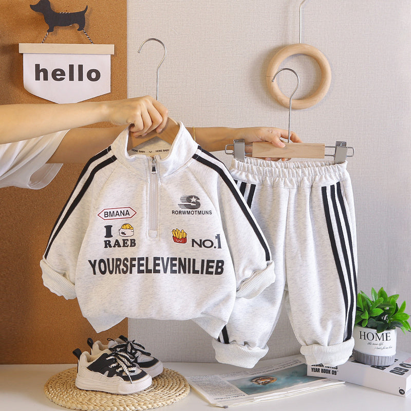 Boys' stylish autumn clothing, children's clothes spring and autumn, half-zip motorcycle two-piece set, handsome outfit for babies aged 1-4 years
