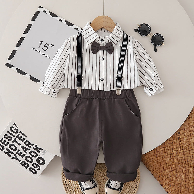 Boys' Autumn Outfit 2026 New Fashionable Baby Spring/Autumn Stylish Vertical Striped Overalls Two-Piece Set Trendy Wholesale