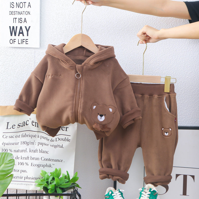 Baby Fleece-Lined Footed Bear Cotton Suit Thickened 2 Children's Clothes Boys' Autumn Clothing 1-Year-Old Infant Winter Outfit