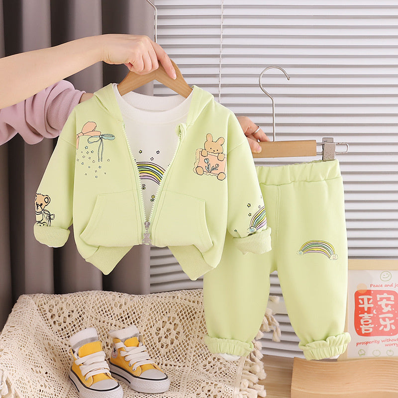 Girls' Outfit 2026 New Fashionable Rainbow Rabbit Hoodie Three-Piece Set Baby Spring Clothes Infant Trendy