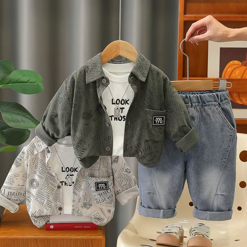 Outfit 2026 New Children's Jacket Boys' Spring and Autumn Stylish Baby Lapel Letter Three-Piece Set