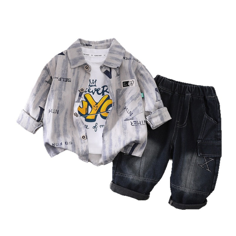 Boys' Autumn Casual Letter Print Three-Piece Set 2026 New Korean Style Stylish Baby Clothing Outfit Trendy