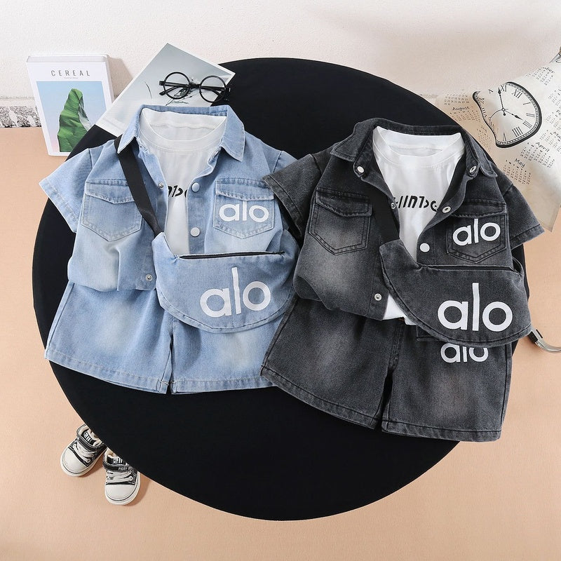 Outfit 2026 New Boys' Clothing Summer Baby Denim Letter Bag Three-Piece Set Short Sleeve Children's Korean Style