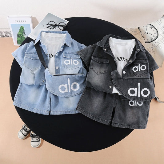 Outfit 2026 New Boys' Clothing Summer Baby Denim Letter Bag Three-Piece Set Short Sleeve Children's Korean Style