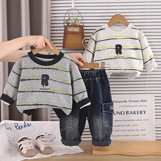 Boys' Spring Autumn Outfit 2026 New Fashionable Striped Sweatshirt and Korean Style Casual Denim Pants Two-Piece Set for Kids