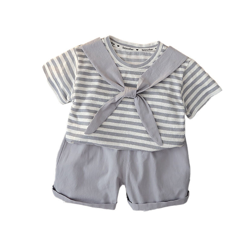 Boys' Outfit 2026 New Fashionable Toddler Summer Round Neck Striped Shawl Short Sleeve Thin Clothing