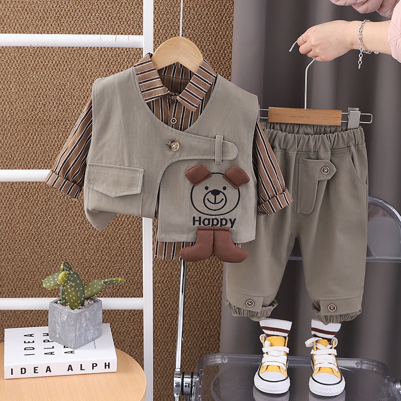 and Autumn Long Sleeve 2025 Spring New Workwear Bear Vest Three-Piece Set 1-5 Years Old Children's Clothing