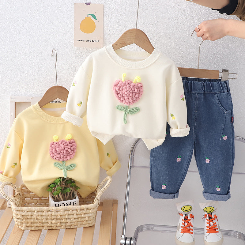 Girls' Outfit 2024 Spring and Autumn New Korean Style Fashionable Toddler Floral Round Neck Long Sleeve Two-Piece Set