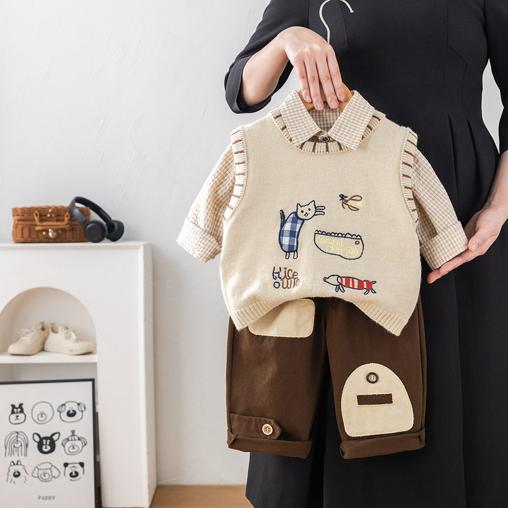 Spring and Autumn Outfit 2026 New Style Toddler Sweater Children's Boys' Baby Cat Vest Three-Piece Trendy Set