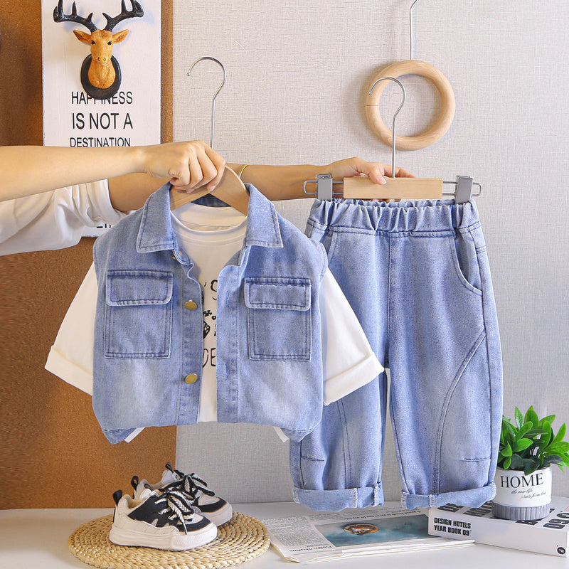 Boys' Outfit 2026 New Children's Double Pocket Denim Vest Three-Piece Set Baby Spring and Autumn Casual Wear