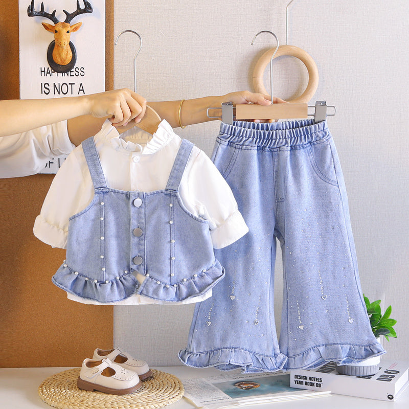 Girls' Spring and Autumn Outfit 2026 New Fashionable Casual Denim Beaded Strap Three-Piece Set for Kids