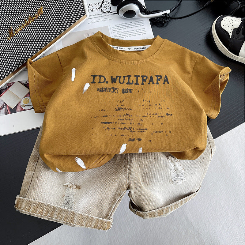 Boys' Outfit New Summer Short Sleeve 2025 Vintage Ripped Round Neck Two-Piece Loose Fit One-Piece Dropshipping