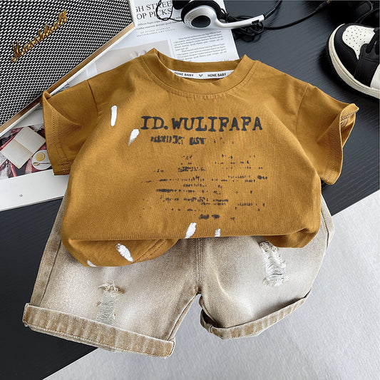 Boys' Outfit New Summer Short Sleeve 2025 Vintage Ripped Round Neck Two-Piece Loose Fit One-Piece Dropshipping