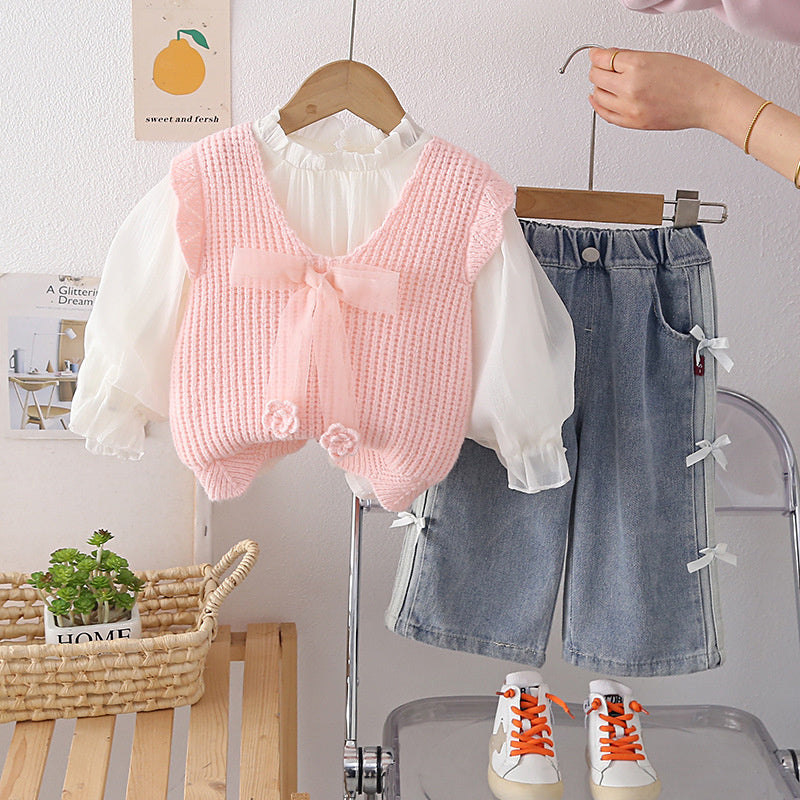 Girls' and Autumn Ribbon Bow Vest Three-Piece Set 2026 New Fashionable Children's Baby Girl Spring Outfit