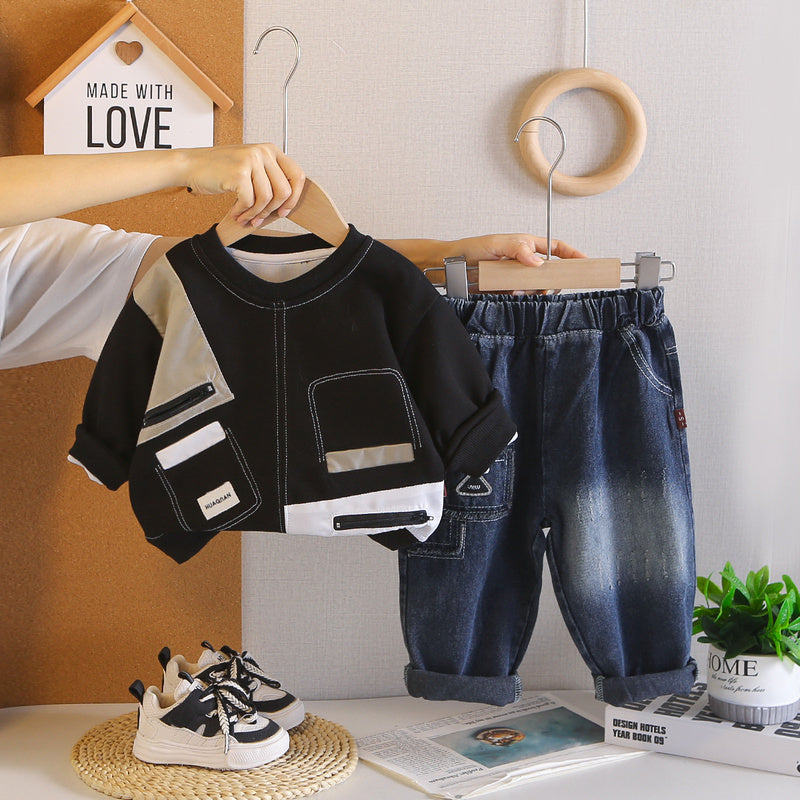 Boys' Round Neck Shirt 2026 New Fashionable Children's Spring and Autumn Fake Pocket Sweatshirt Two-Piece Set