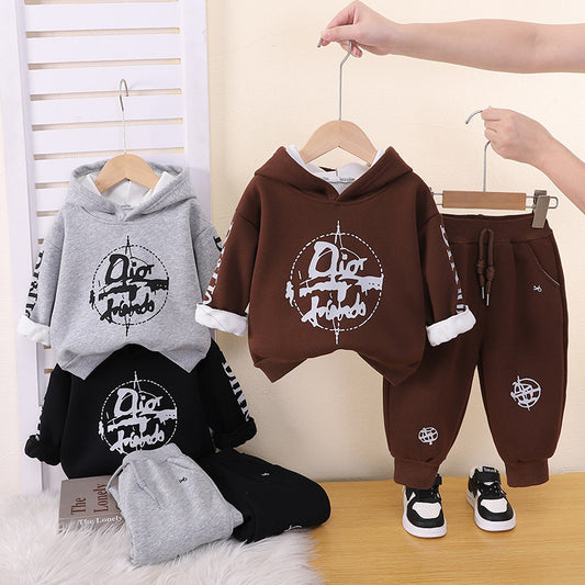 Baby Clothes Autumn and Winter, Korean Style Fleece-Lined Hooded Sweatshirt Two-Piece Set for Boys Aged 1-4 Years, Wholesale Children's Clothing