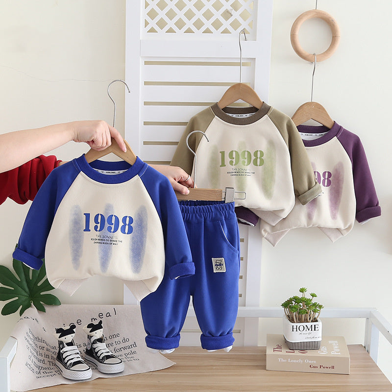 Boys' and Autumn 2025 New Baby Stylish Clothes Toddler Spring Color Block Raglan Sweatshirt Two-Piece Set Trendy