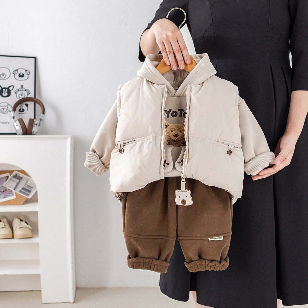 Boys' Fleece-Lined Thickened Bear Pendant Three-Piece Stylish Baby Vest Toddler Winter Outfit Set